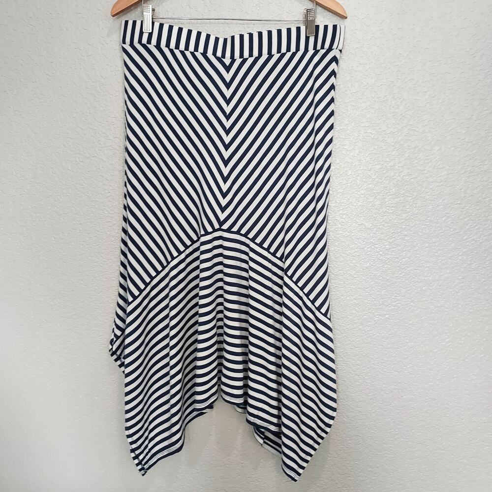 *Laurie Felt Navy White Striped Asymmetrical Stretch Bamboo Midi Skirt Size L